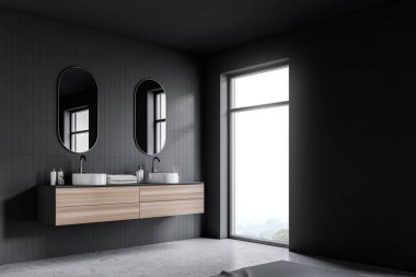 Gri kiremit banyo köşesinde çift lavabo