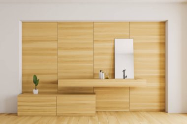 Beyaz ve ahşap banyo içi lavaboyla dolu.