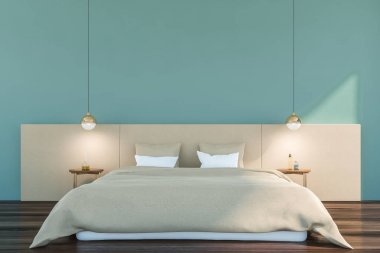 Mavi minimalist ana yatak odası iç