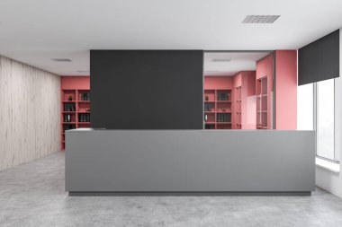 Siyah ve ahşap ofiste gri resepsiyon masası