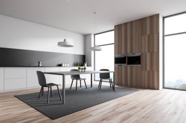 Beyaz ve gri mutfak köşesi, tahta dolap.