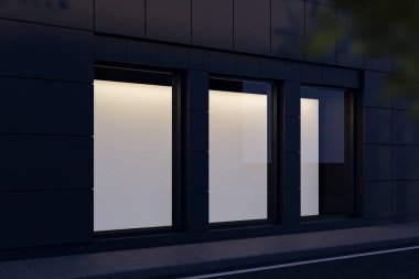 Dükkan penceresinde üç sahte poster, yan görünüm