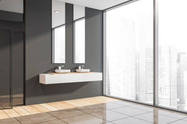 Çift lavabo ile panoramik koyu gri banyo