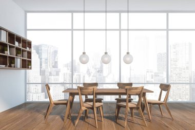 Raflı beyaz yemek odasının yan görünümü