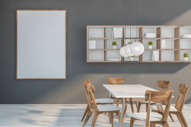 Raflar ve poster ile gri yemek odası
