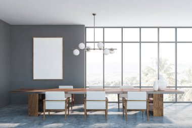 Gri yemek odası iç, koltuklar ve poster