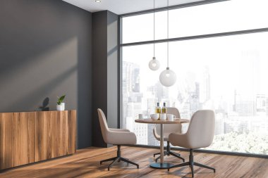 Gri panoramik yemek odası köşesi