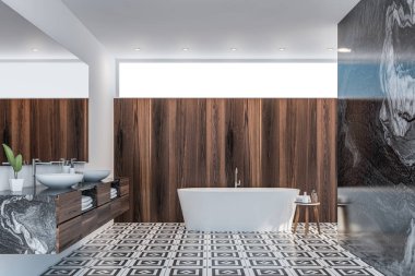 Koyu ahşap ve mermer banyo iç