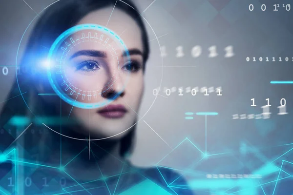 Young woman face recognition technology, HUD