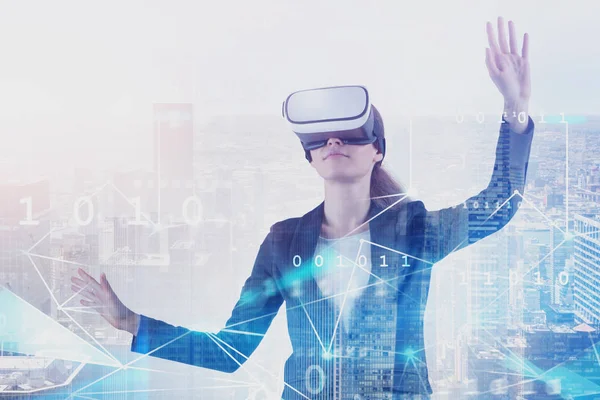 Woman in VR glasses, digital network — Stock Photo, Image