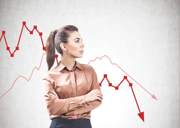 Jonge vrouw, dalende grafiek, financiële crisis — Stockfoto