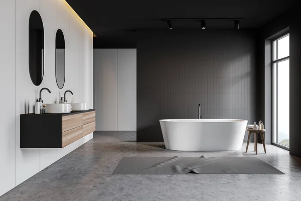 Salle de bain blanche et grise, double lavabo et baignoire — Photo