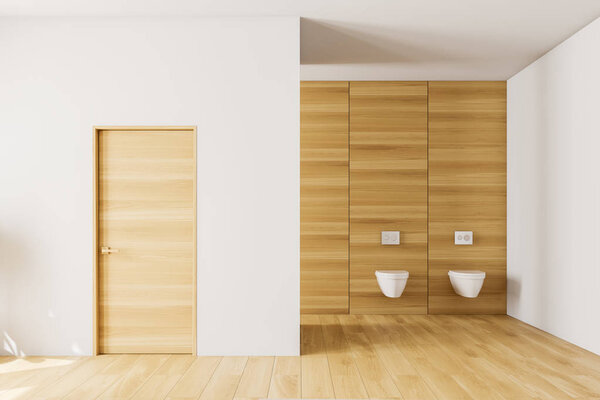 White and wooden bathroom interior with toilets