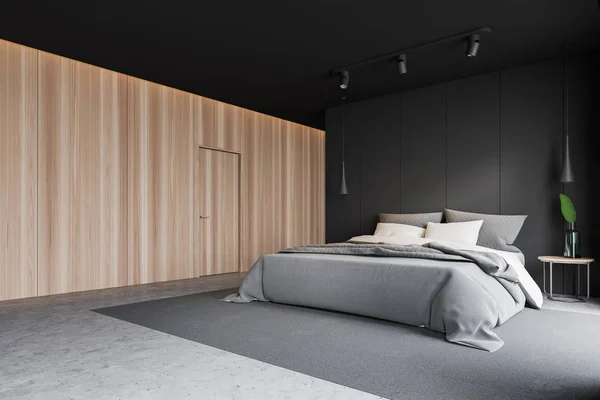 Graue Schlafzimmerecke mit Tür — Stockfoto