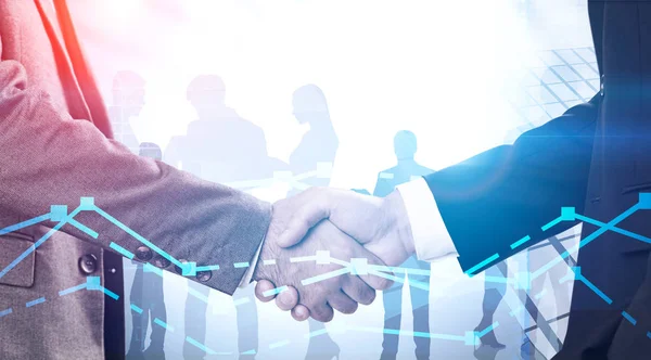 Handshake of businessmen in city, graph — Stock Photo, Image