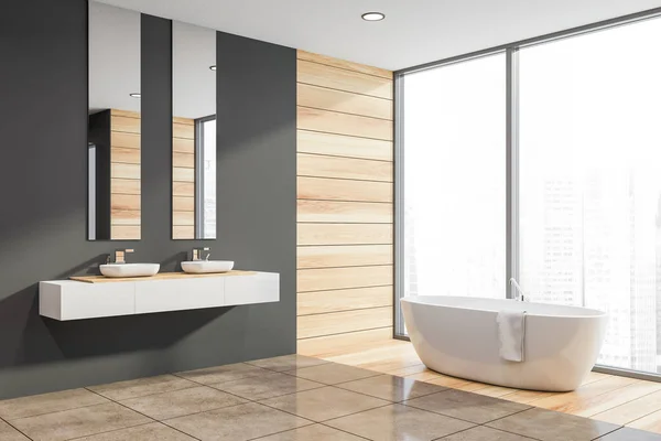 Dunkelgrau und Holz Badezimmer Ecke, Waschbecken und Badewanne — Stockfoto