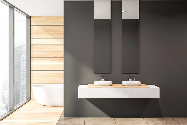 Vertikala speglar mörkgrå badrum inredning — Stockfoto
