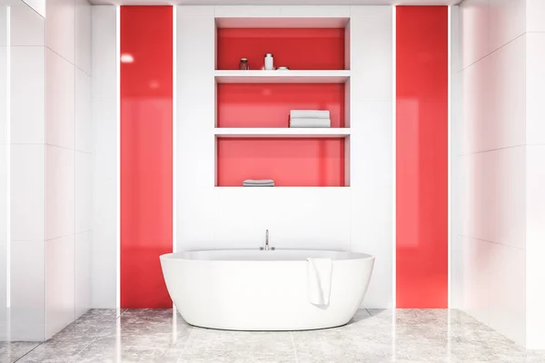 White and red bathroom interior, tub and shelves — Stock Photo, Image