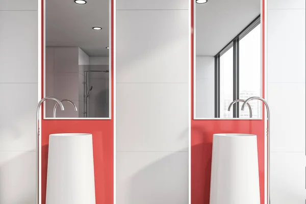 Podwójna umywalka w białej i czerwonej łazience — Zdjęcie stockowe