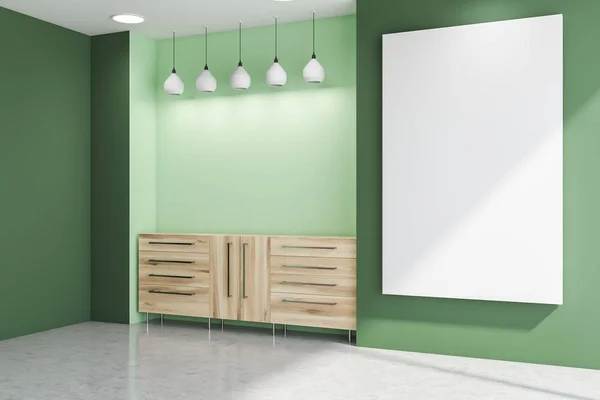Sala de estar verde esquina, armario y póster — Foto de Stock