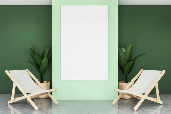 Green living room with two armchairs and poster
