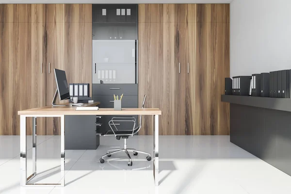 Vista laterale dell'ufficio CEO in legno e bianco — Foto Stock