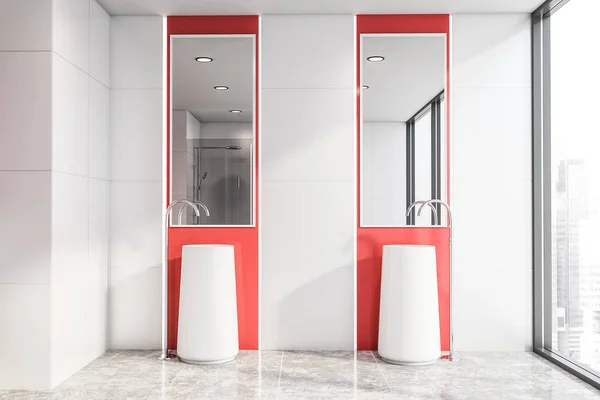 White and red bathroom interior, double sink — Zdjęcie stockowe