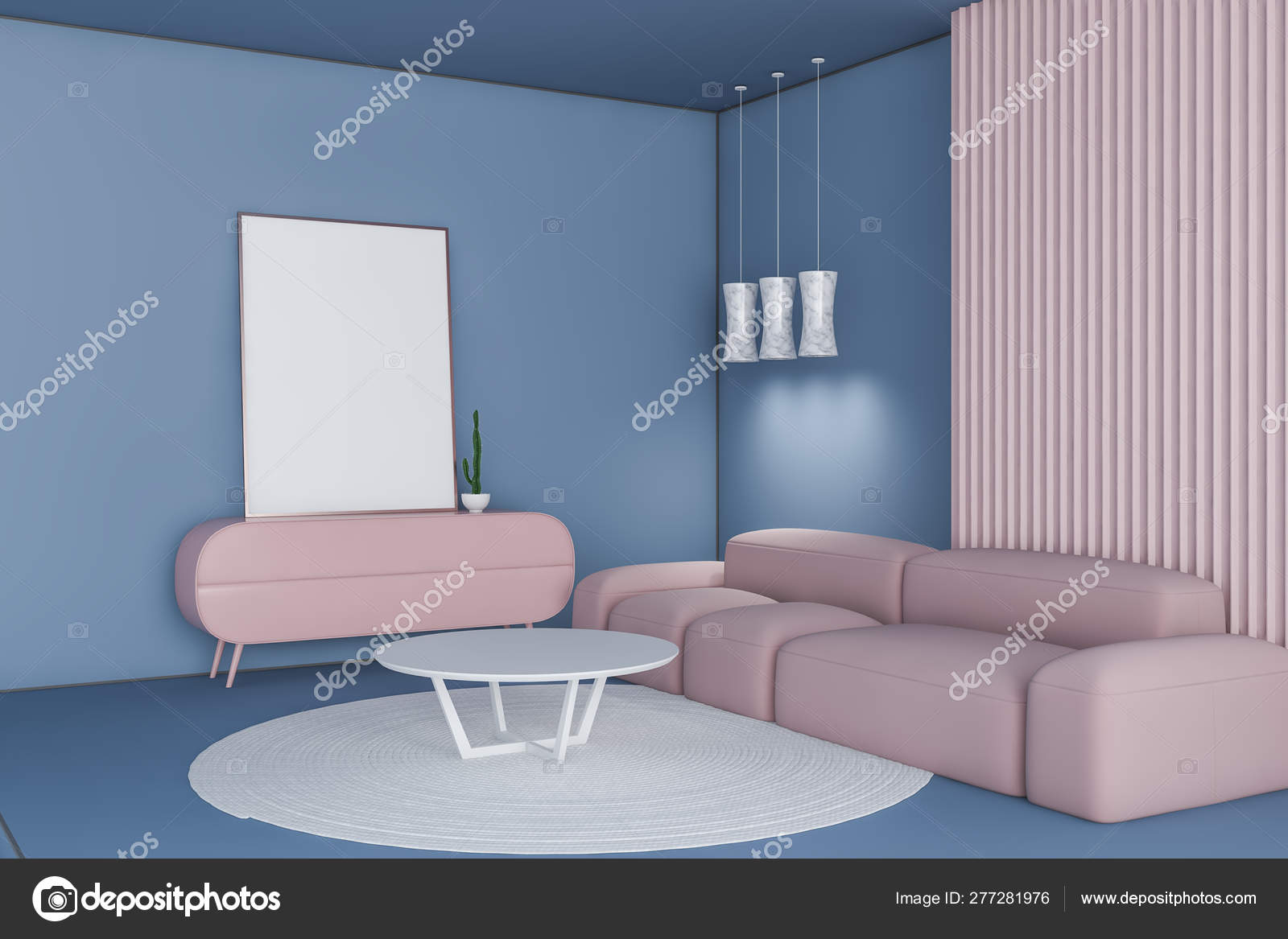 Blue and pink living room corner with poster — Stock Photo
