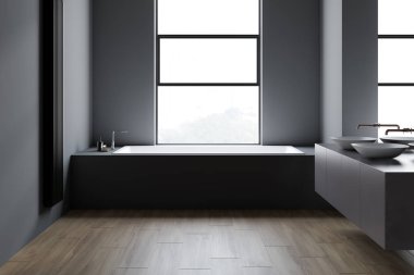 Loft koyu gri banyo, çift lavabo ve küvet