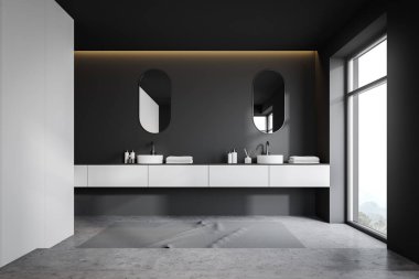 White and gray bathroom interior, double sink