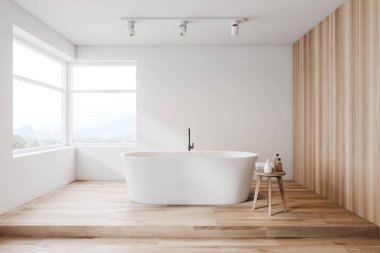 Beyaz ve ahşap banyo içi, küvet.