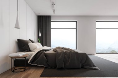 Loft beyaz ana yatak odası yan görünümü