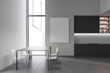 Beyaz mutfak, gri tezgah ve poster