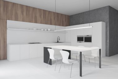 Masa ile beyaz ve ahşap mutfak köşesi