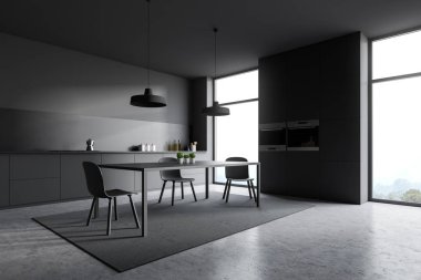 Koyu gri mutfak köşesi, gri dolap