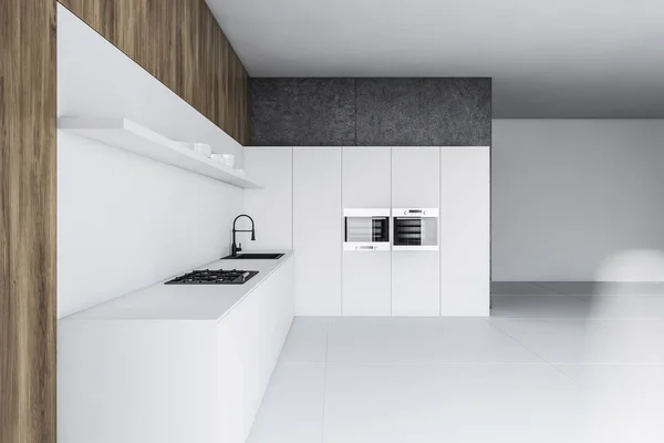 Cozinha branca, de concreto e de madeira com bancada — Fotografia de Stock