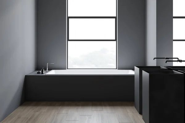 Loft gray bathroom interior, tub and double sink — Stock Photo, Image