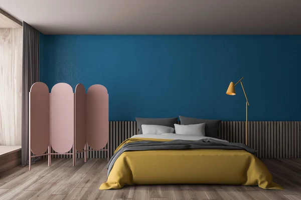 Schlafzimmerausstattung aus Holz und Blau — Stockfoto