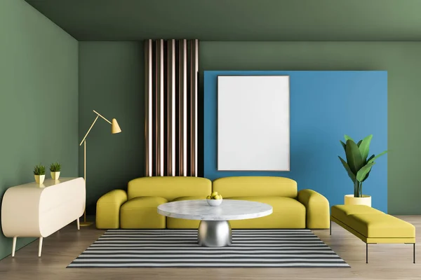 Green and blue living room with poster