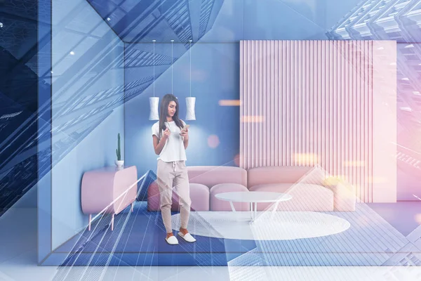 Woman in blue and pink living room interior — 스톡 사진