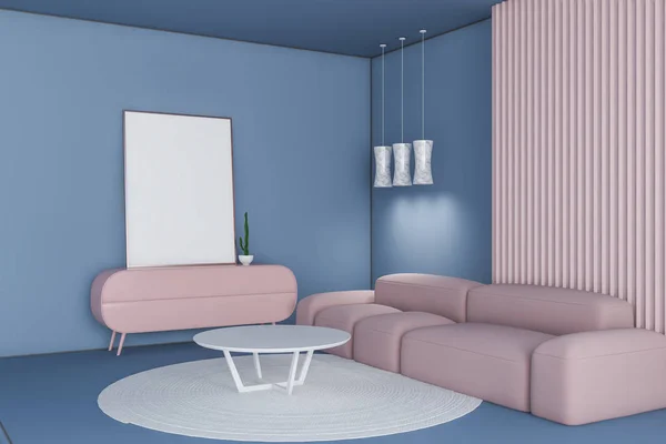 Blue and pink living room corner with poster — Stock Photo, Image