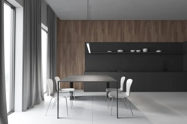 Wooden and gray kitchen, curtains and table — 스톡 사진