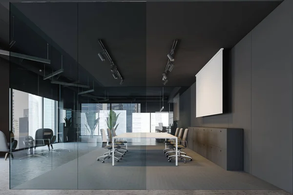 Sala riunioni grigia e in vetro con schermo — Foto Stock