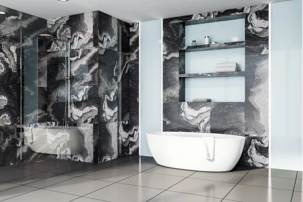 Black marble bathroom with tub and shower — Stock Photo, Image