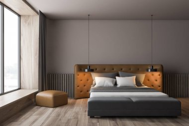 Deri yataklı kahverengi yatak odası iç