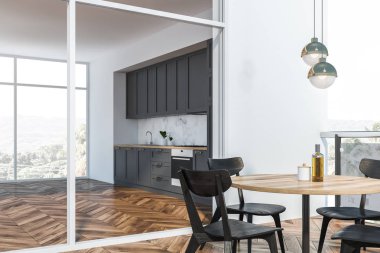 Balkonlu gri ve mermer mutfak