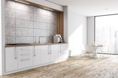 Yuvarlak masa ile Loft beyaz mutfak