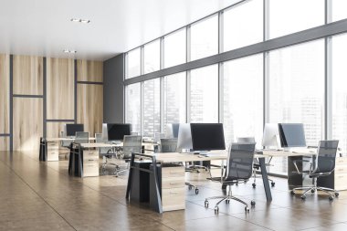 Gray and wooden panoramic open space office clipart
