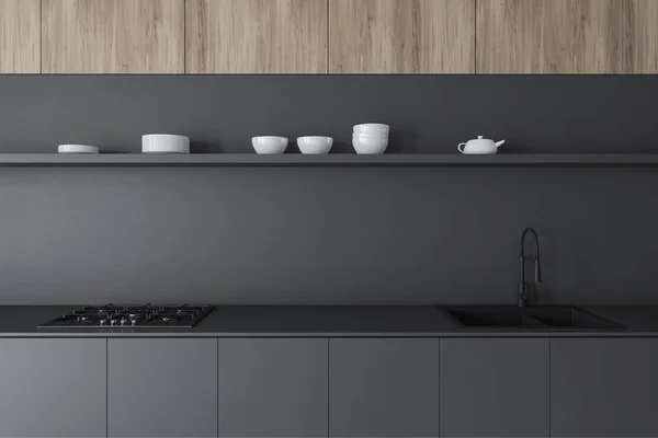 木製キッチンの灰色のカウンタートップ — ストック写真
