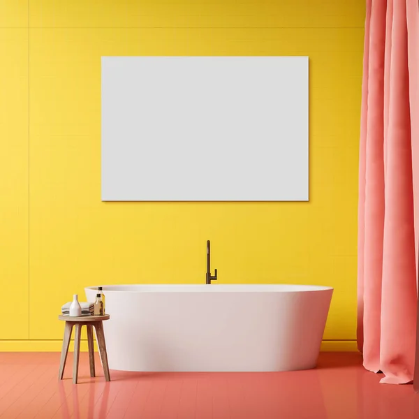 Salle de bain jaune vif avec baignoire et poster — Photo